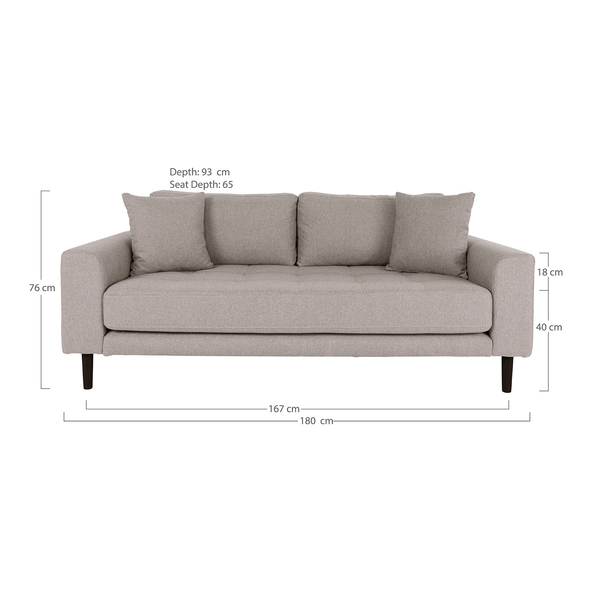 Lido 2,5 -Person -Sofa - 2,5 Personen -Sofa, Stein mit zwei Kissen und schwarzen Holzbeinen, HN1030