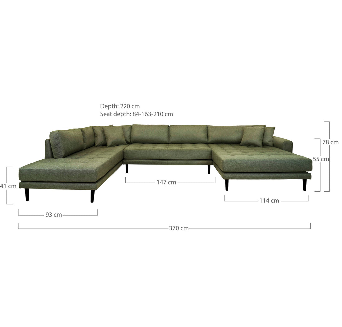 Lido U-Sofa Open End-U-Sofa Open End, rechtsflügel in Olivengrün mit vier Kissen und schwarzen Holzbeinen, HN1020