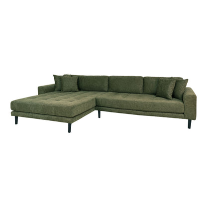 Lido Lounge Sofa - Lounge -Sofa, links in Olivengrün mit vier Kissen und schwarzen Holzbeinen, HN1020