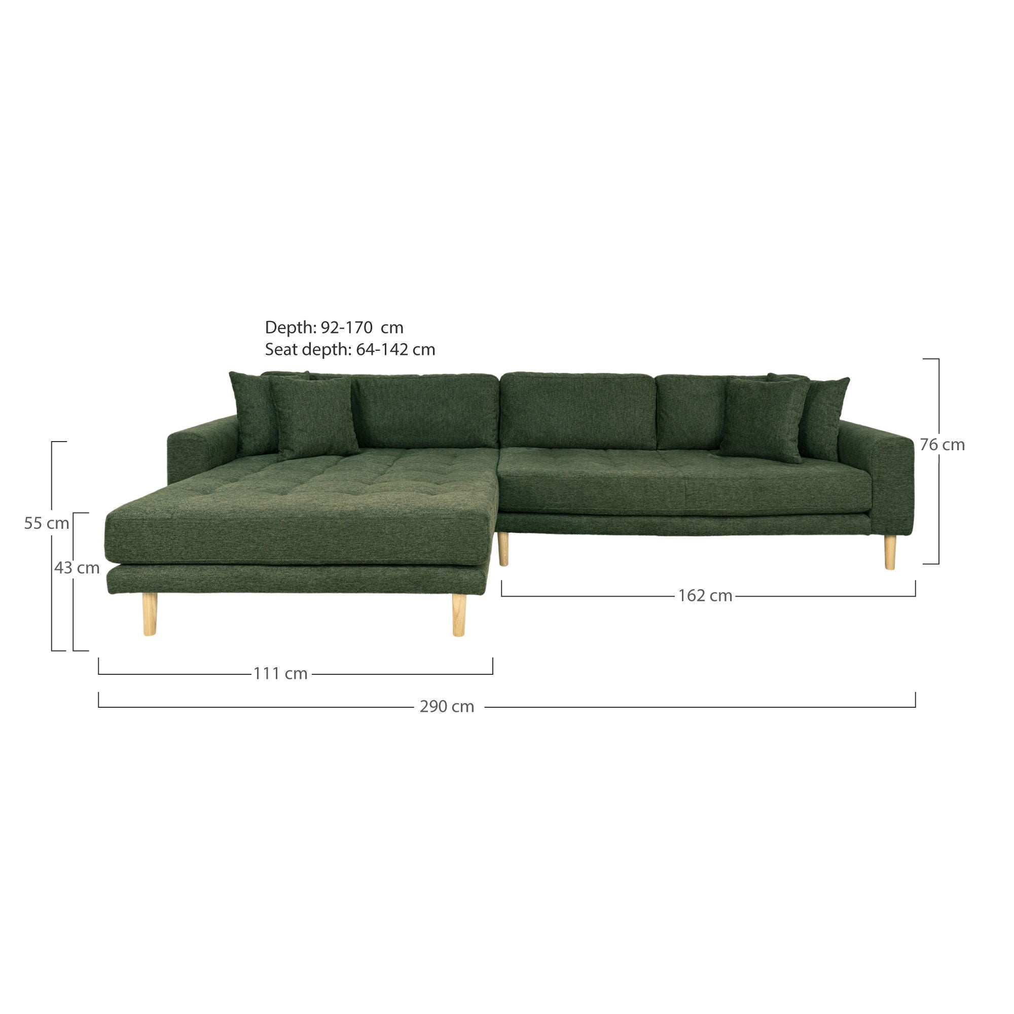 Lido Lounge Sofa - Lounge -Sofa, links in Olivengrün mit vier Kissen und schwarzen Holzbeinen, HN1020