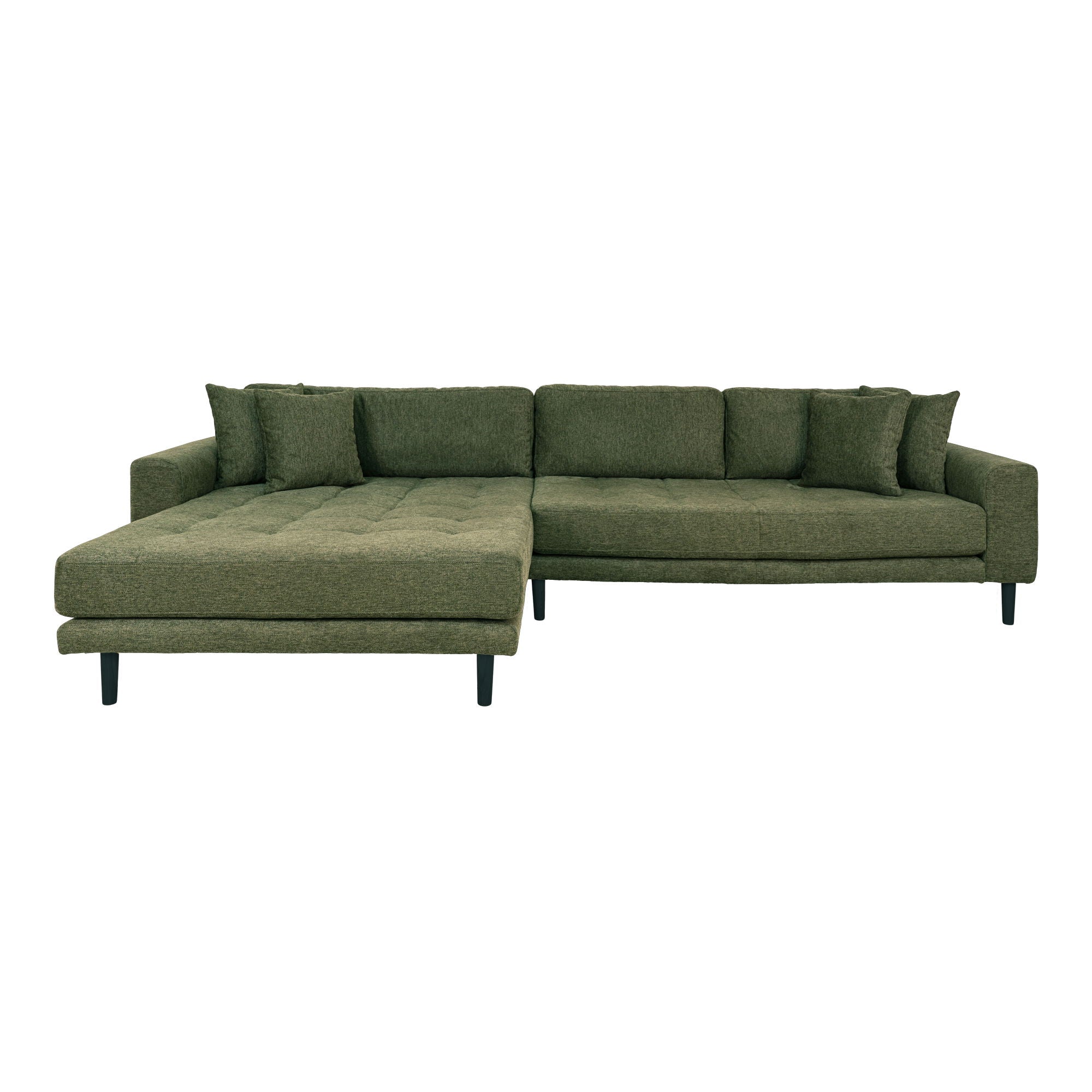 Lido Lounge Sofa - Lounge -Sofa, links in Olivengrün mit vier Kissen und schwarzen Holzbeinen, HN1020