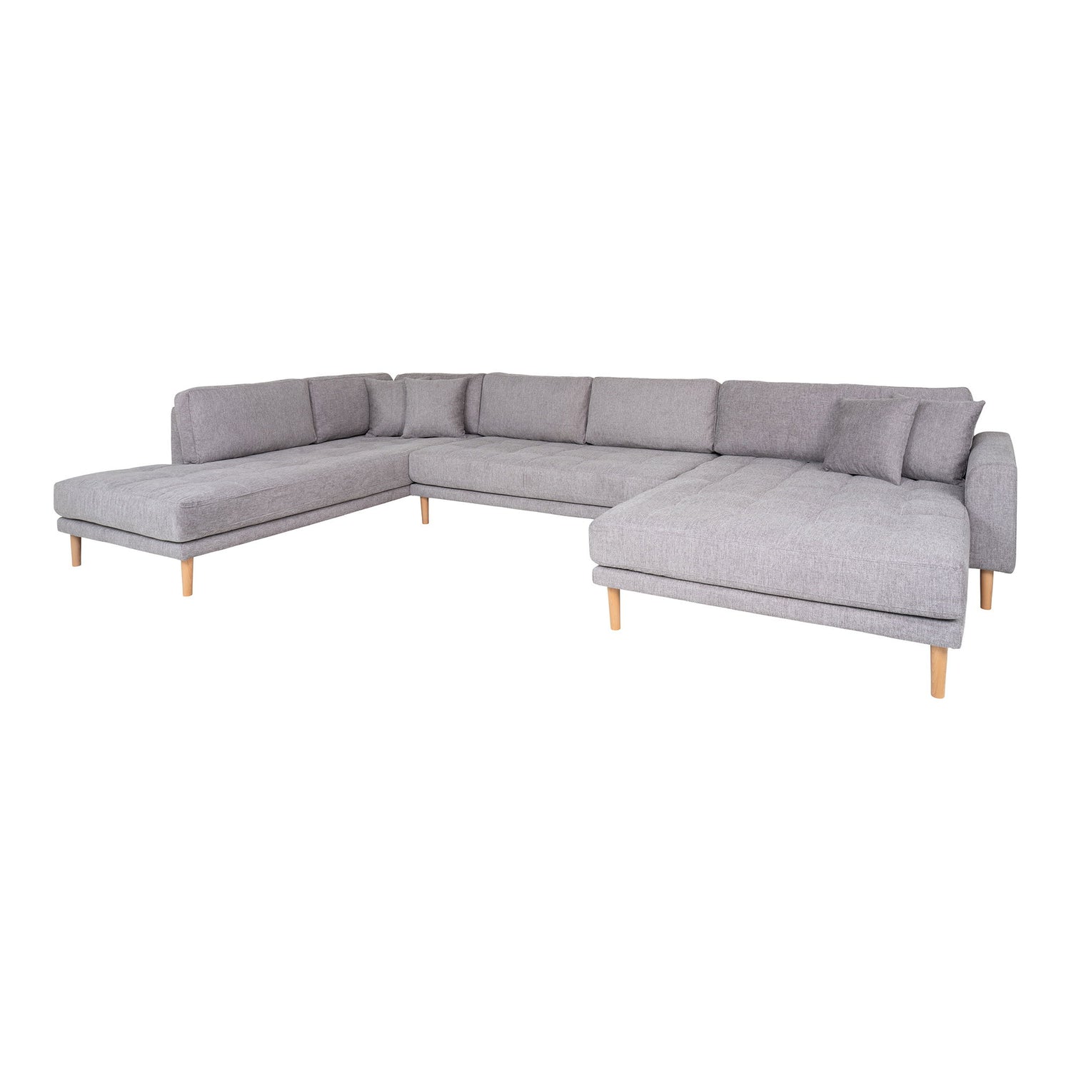 Lido U-Sofa Open End-U-Sofa Open End, rechts in hellgrau mit vier Kissen und Naturholzbeinen, HN1040, HN1040