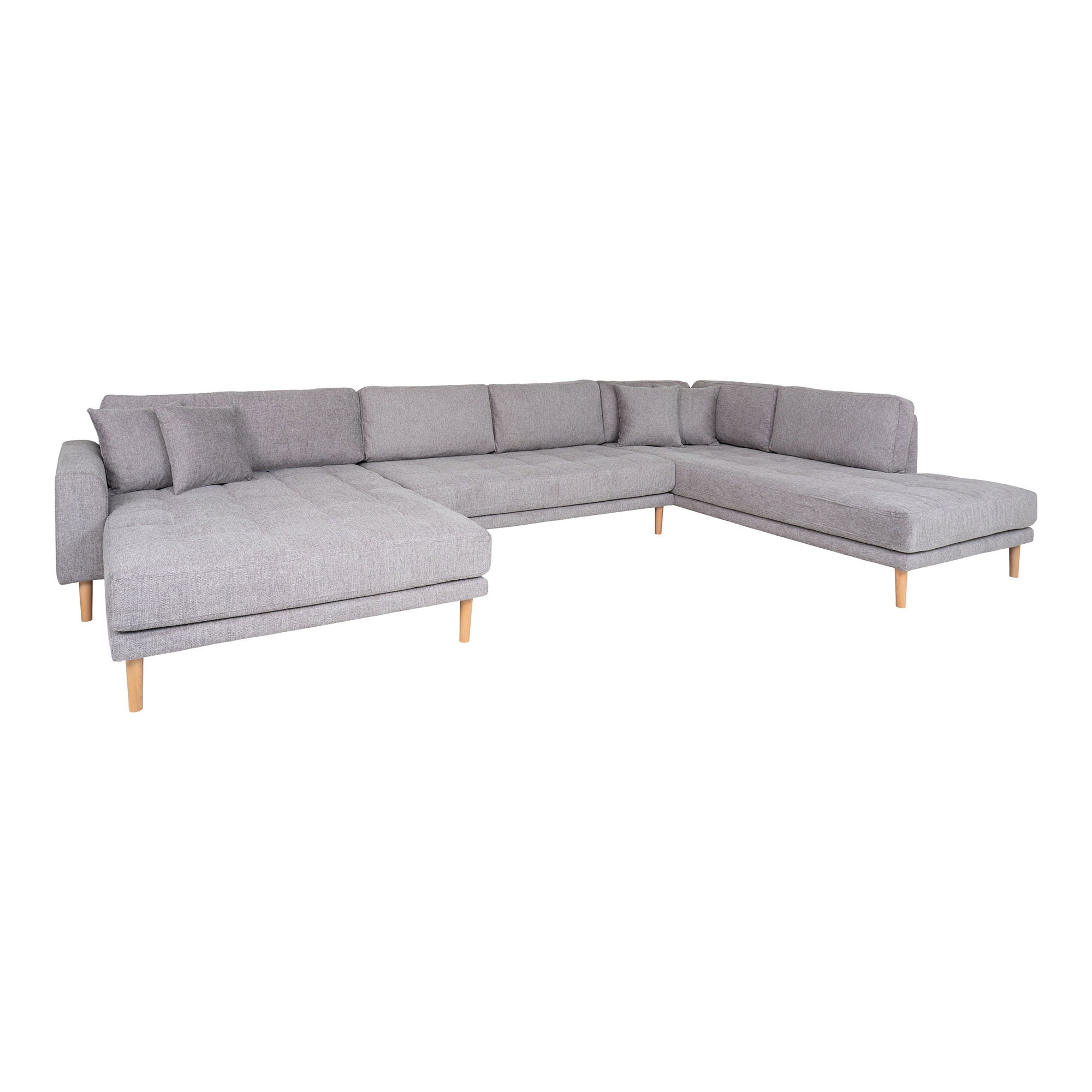 Lido U-Sofa Open End-U-Sofa Open End, links in hellgrau mit vier Kissen und Naturholzbeinen, HN1040