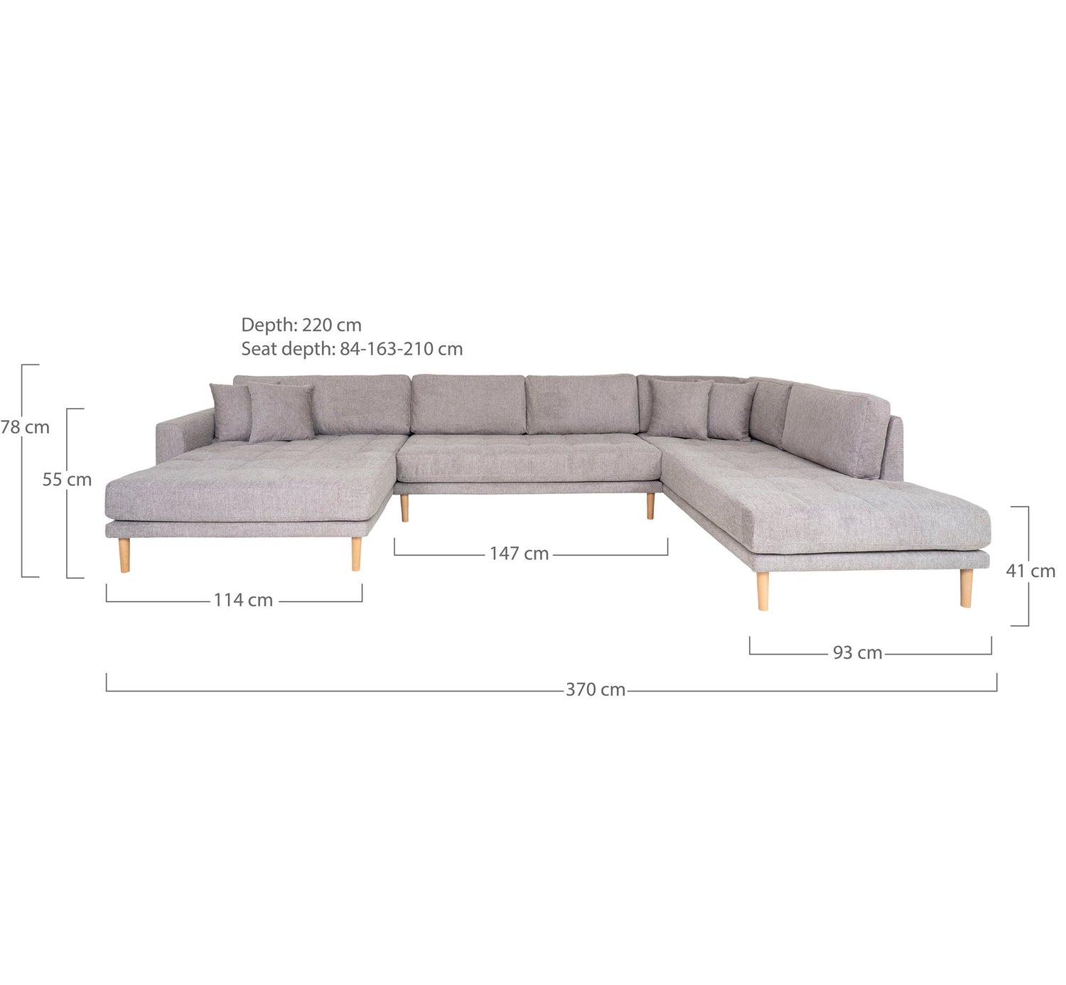 Lido U-Sofa Open End-U-Sofa Open End, links in hellgrau mit vier Kissen und Naturholzbeinen, HN1040