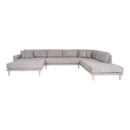 Lido U-Sofa Open End-U-Sofa Open End, links in hellgrau mit vier Kissen und Naturholzbeinen, HN1040